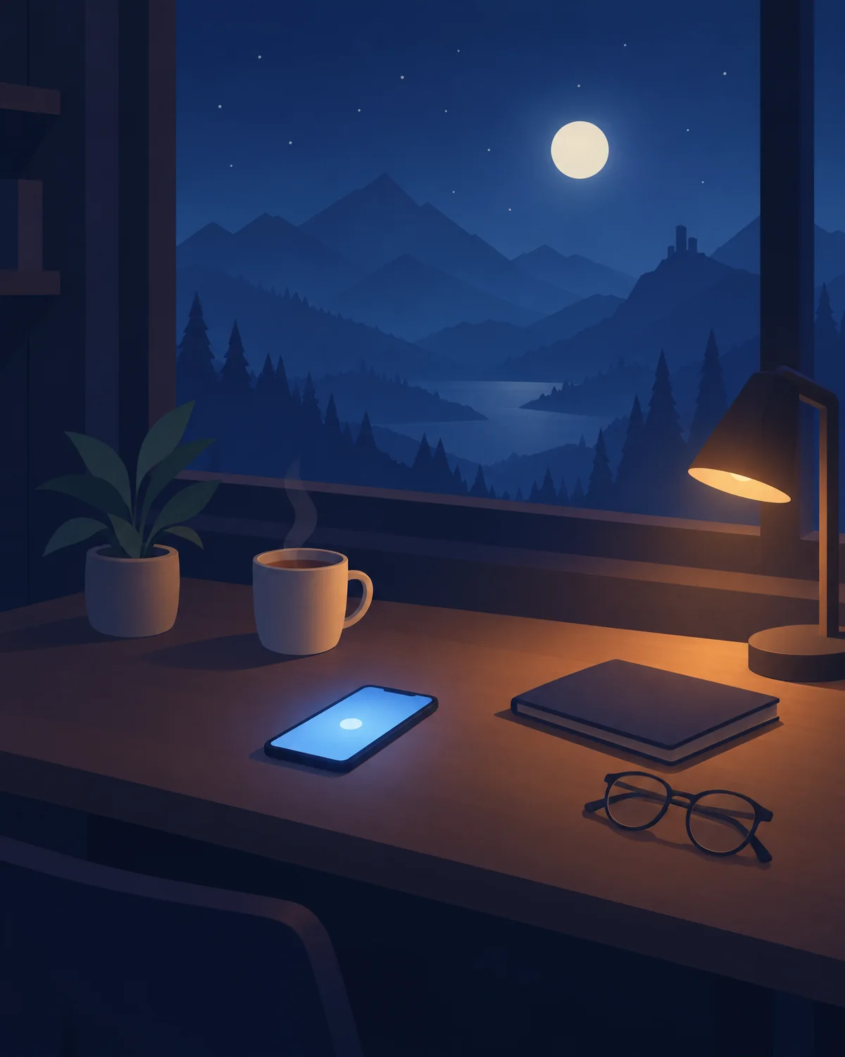 Ilustração de uma escrivaninha junto à janela, à noite, com um celular de tela suave, uma caneca de chá, uma plantinha e uma luminária acesa.