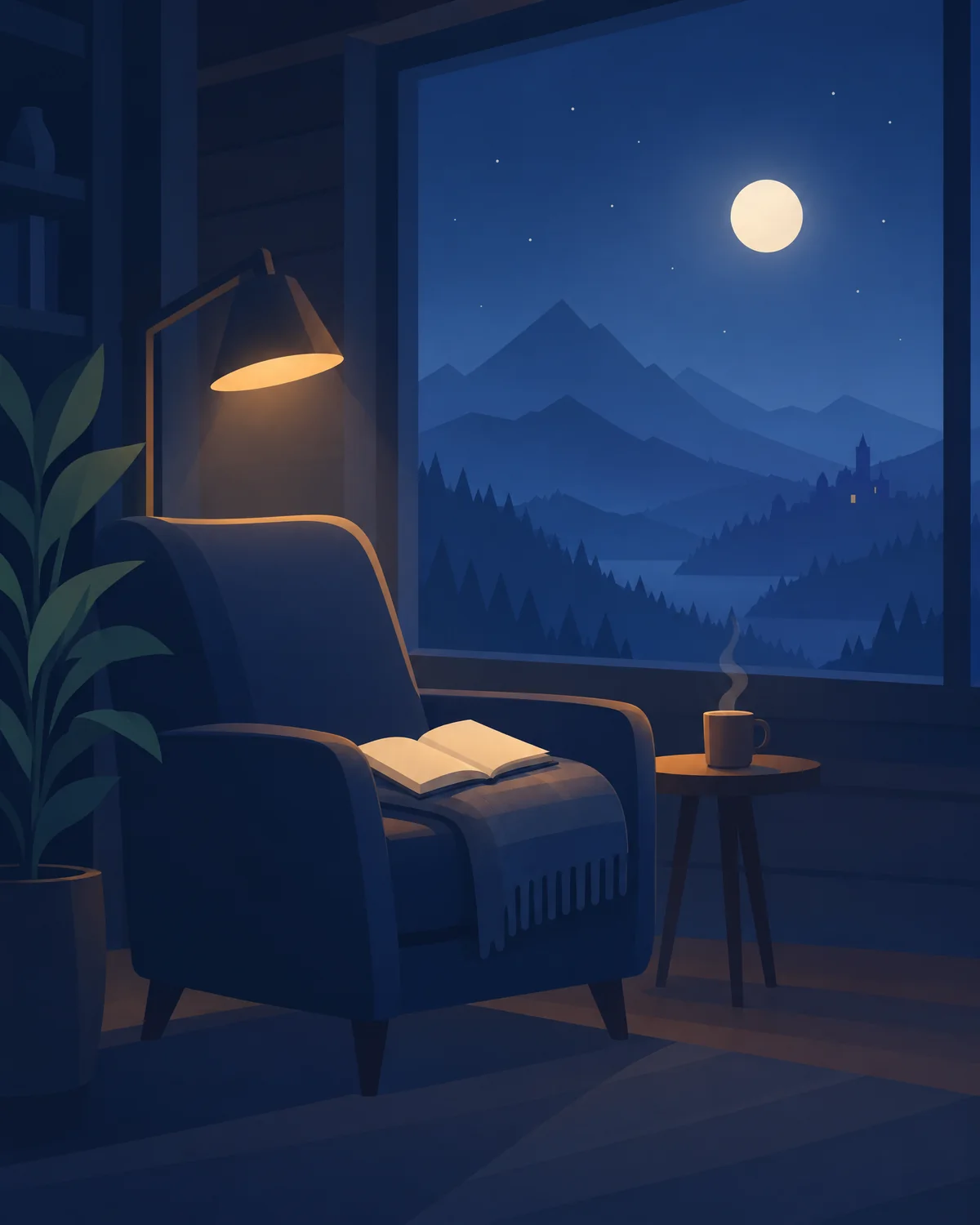 Ilustração de uma poltrona junto à janela, com um livro aberto sobre uma manta, uma caneca de chá, uma luminária de leitura e uma planta alta.