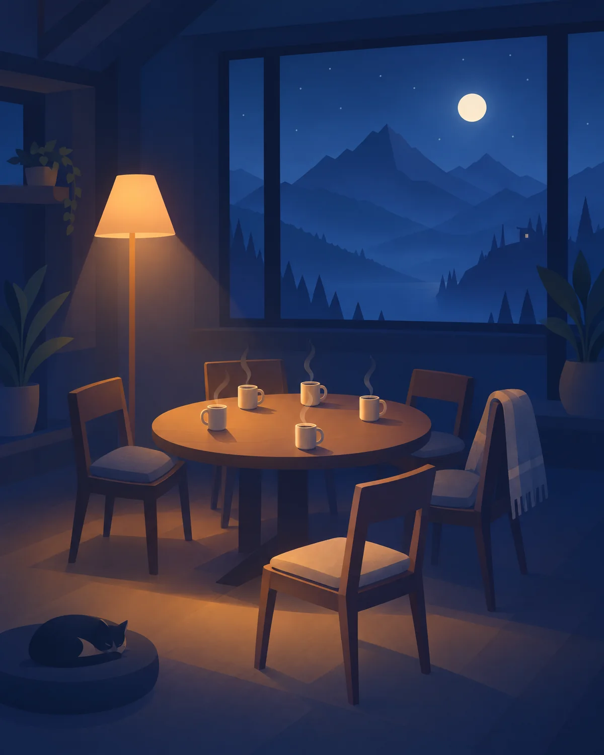 Ilustração de uma mesa redonda numa cabana à noite, com canecas de chá fumegando, cadeiras ao redor, um abajur aceso e a janela mostrando montanhas e a lua.